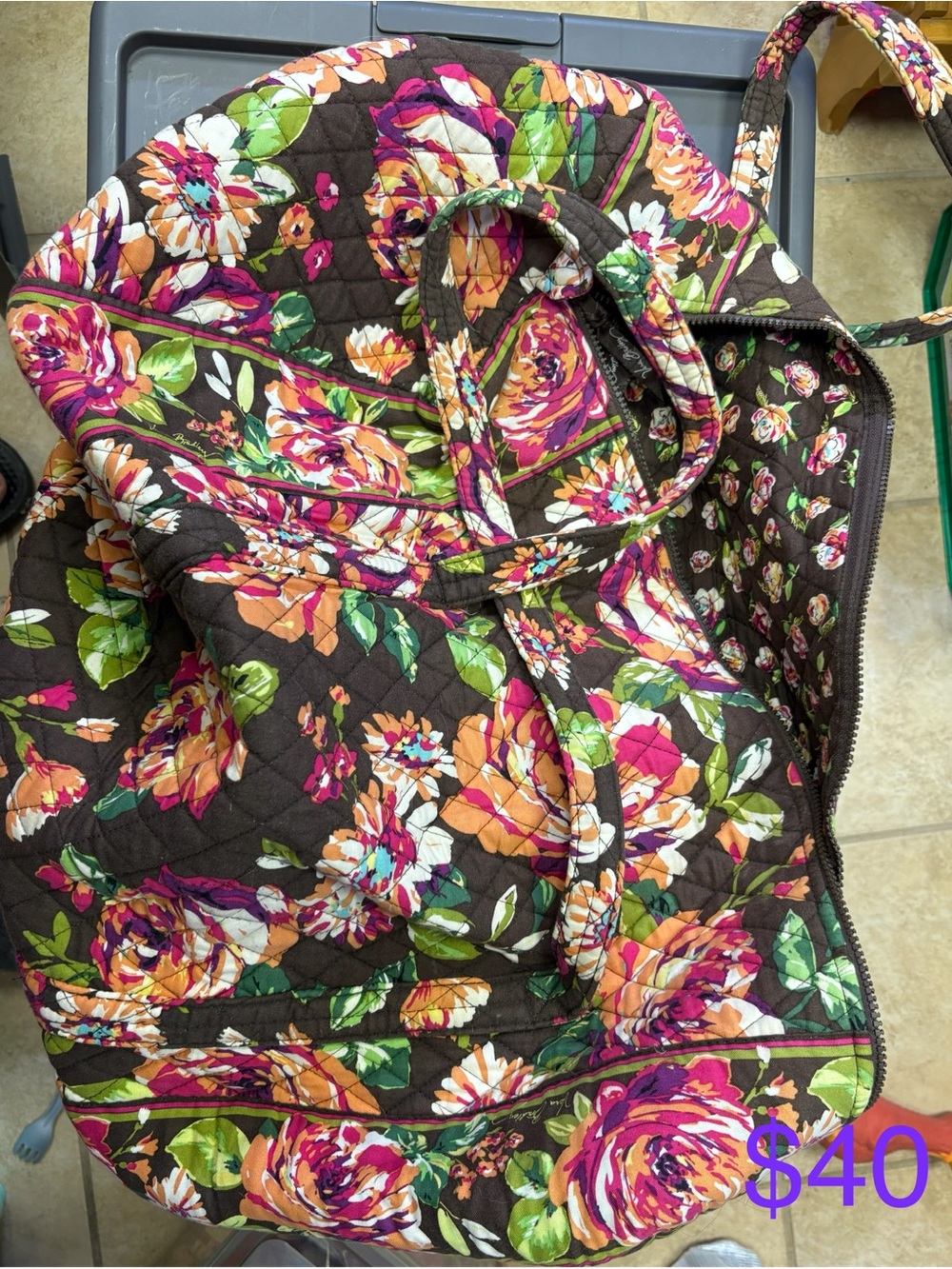 Vera Bradley Quilted Floral Duffel Bag - Brown with Pink, Orange & Green